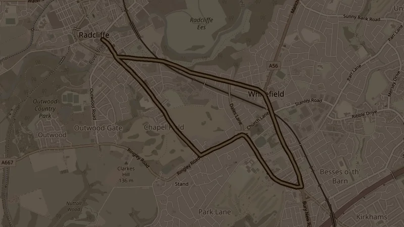 Map of Bury New Road & Higher Lane, a 6.3km road running route in Radcliffe