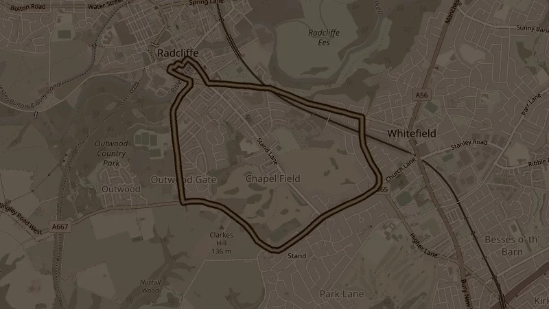 Map of Ringley & Outwood, a 5.6km road running route in Radcliffe
