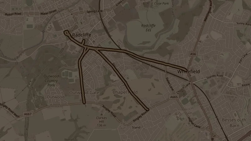 Map of 3 Peaks, a 9.9km road running route in Radcliffe