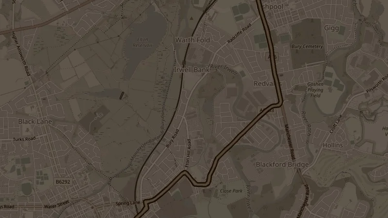 Map of Outwood to Bury (Long), a 9.3km road running route in Radcliffe