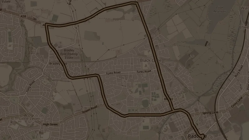 Map of Radcliffe Moor, Bolton & Bury (Reverse), a 9km road running route in Radcliffe