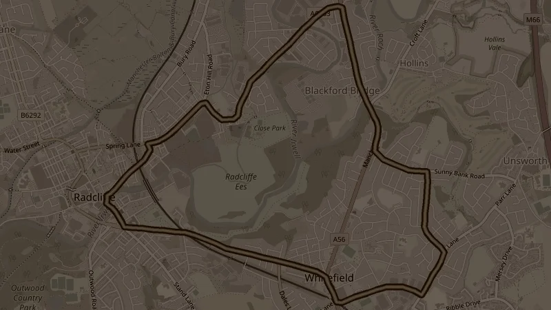 Map of Bury New Road & Dumers, a 8.7km road running route in Radcliffe