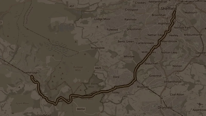 Map of Steel & Cotton Trail - Hathersage to Sheffield, a 22.1km trail running route in Radcliffe
