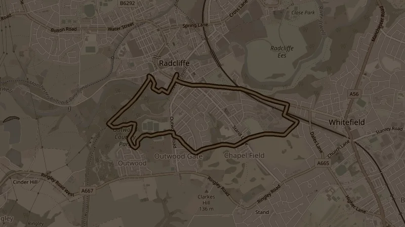 Map of Outwood & King George V Fields, a 6km trail running route in Radcliffe