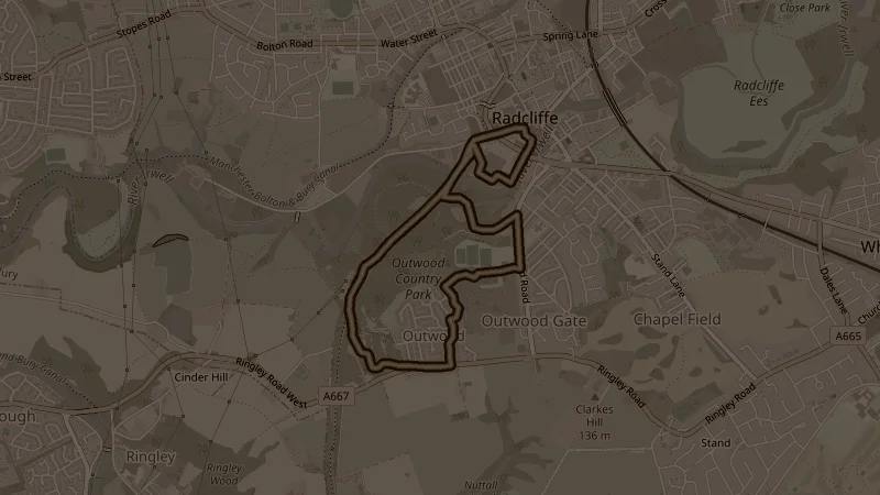 Map of Outwood & Ringley Lake, a 5.1km trail running route in Radcliffe