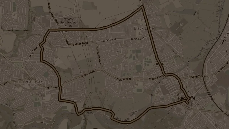 Map of Ainsworth, Bradley Fold & Canal, a 9km trail running route in Radcliffe