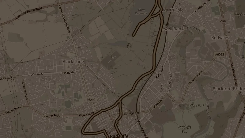 Map of Canal to Elton Reservoir, a 8.8km trail running route in Radcliffe