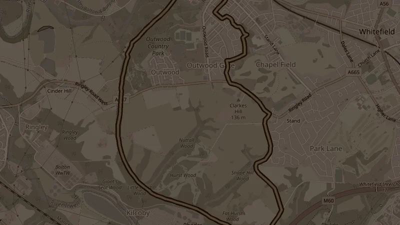 Map of Chapelfield, Ringley Old Hall & Outwood, a 8.9km trail running route in Radcliffe