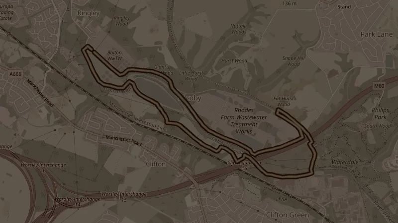Map of Clifton Country Park (Long), a 8.4km trail running route in Radcliffe