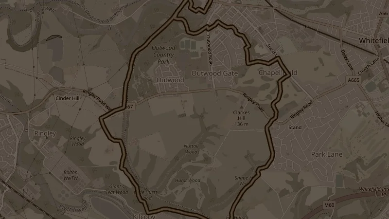 Map of Outwood, Giant's Seat & Snape, a 10.1km trail running route in Radcliffe