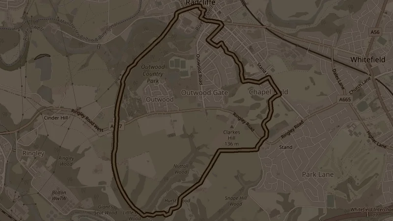 Map of Outwood, Hurst Wood & Chapelfield, a 7.7km trail running route in Radcliffe
